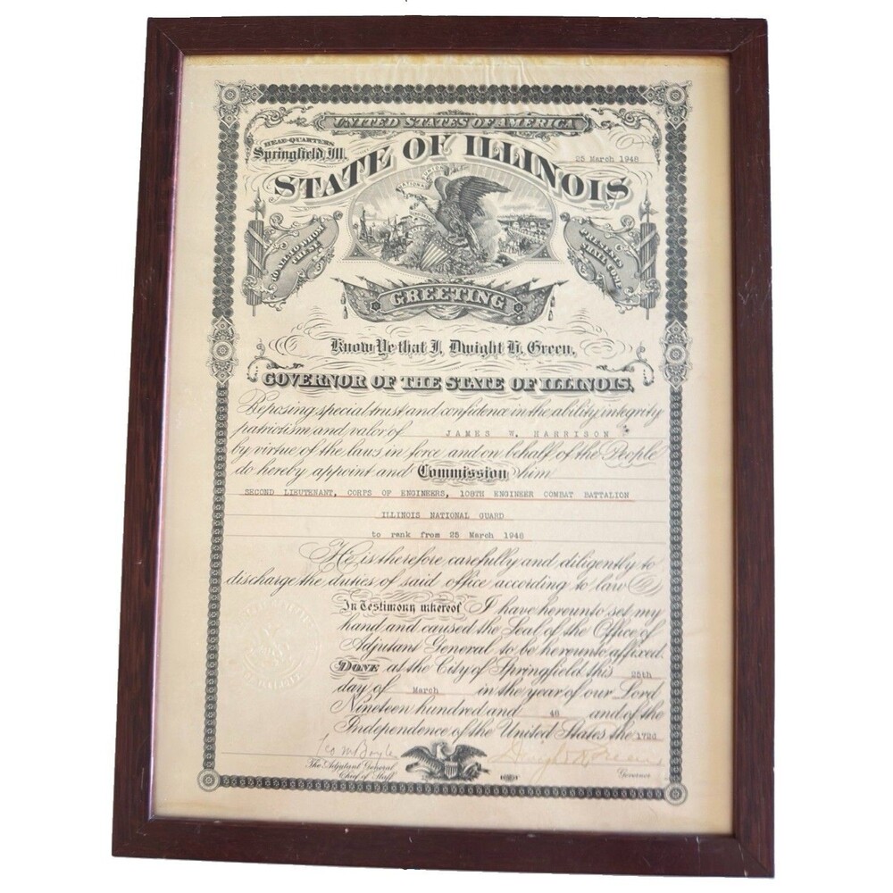 1948 Illinois National Guard Commission signed Governor Dwight H. Green Framed
